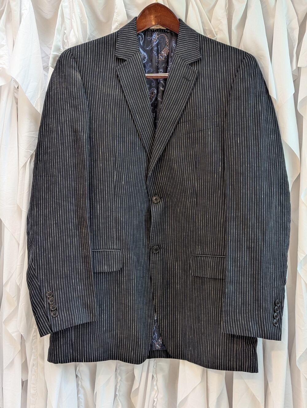 Joe Joseph Abboud Mens 38L Black Linen Pinstripe 2 Button Blazer Jacket NWOT